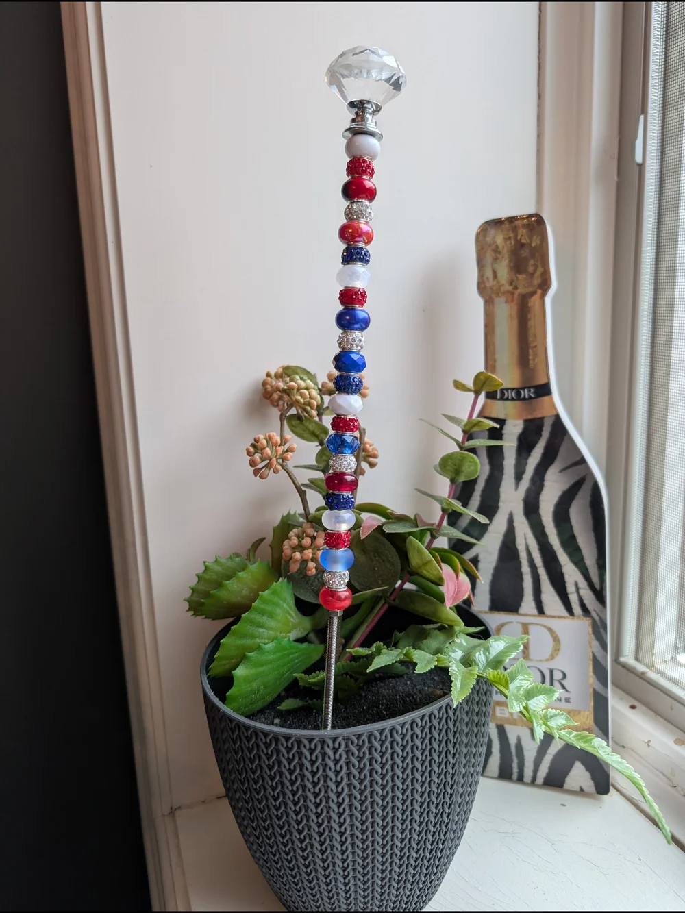 Beaded Fairy Wand/Plant/Garden Stake in Red, White & Blue